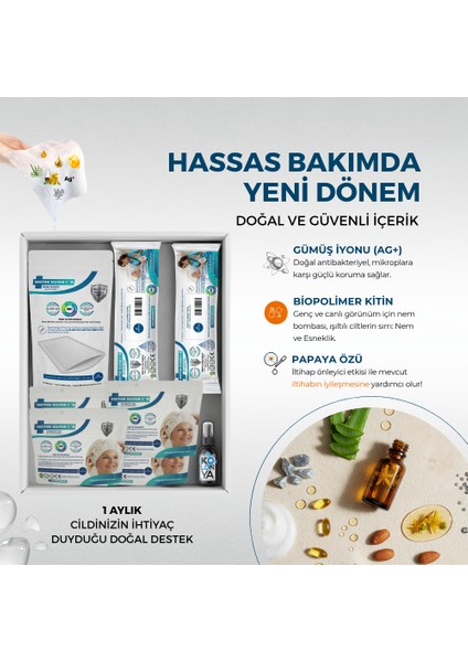 1 Aylık Hasta Bakım Seti – (Vücut Kesesi, 2x Mendil, 4x Saç Bonesi, 50 ml Dezenfektan modelleri