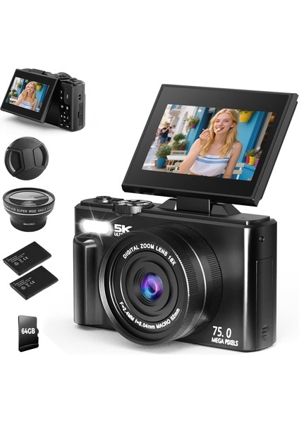 5k Dijital Kamera 75MP Hd Retro Otomatik Odaklama Anti Shake 18X Zoom