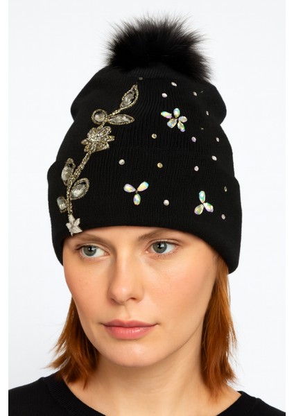 Kadın Örgü Taşlı Ponponlu Bere Standart