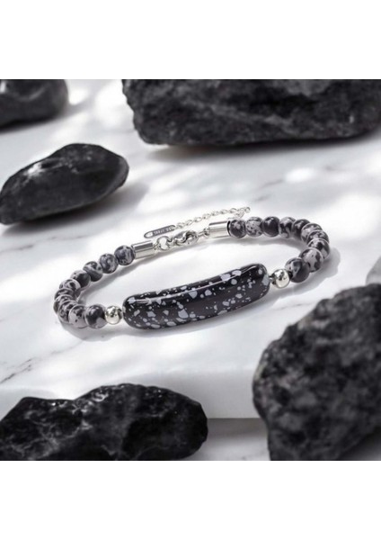 Snowy Obsidian Doğaltaş Çelik Halat ve Çelik Klipsli Bileklik 9592B19D2 modelleri