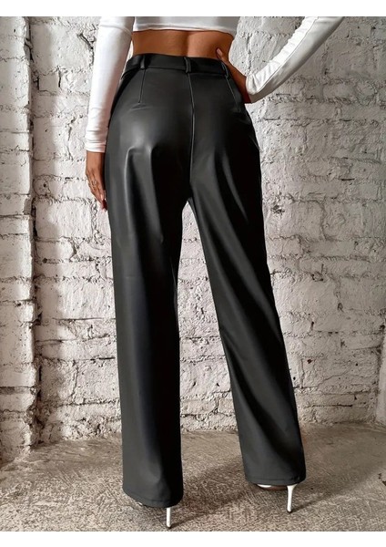 Kadın Önden Fermuarlı Cepli Geniş Kesim Lame Deri Pantolon indirimleri