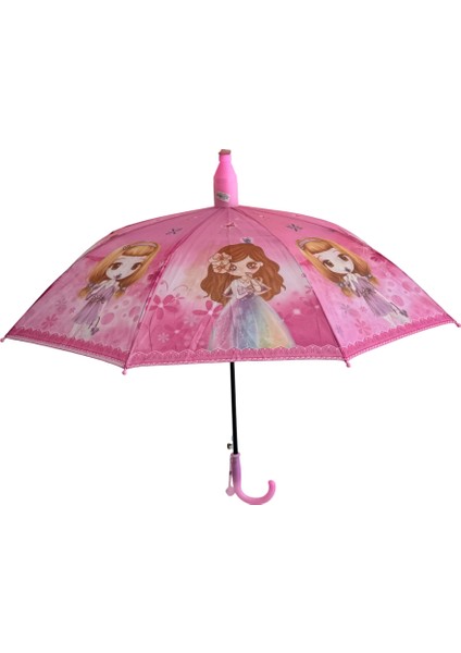 Katlanabilen Koruma Kılıflı Bardaklı Düdüklü 70 Cm! Pembe Prenses Kız Çocuk Şemsiyesi