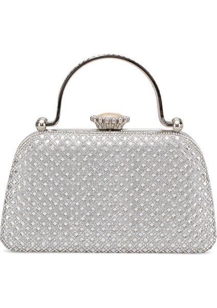 25KC1289 Kadın Taşlı Kutu Abiye Çanta Gümüş