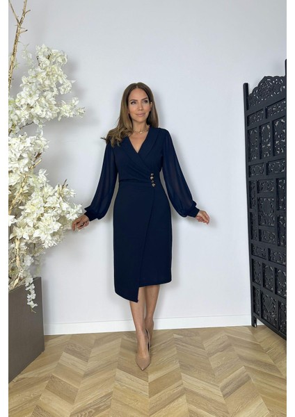 G1571 Şifon Kol Düğme Detaylı Elbise Lacivert