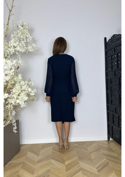 G1571 Şifon Kol Düğme Detaylı Elbise Lacivert fiyatları