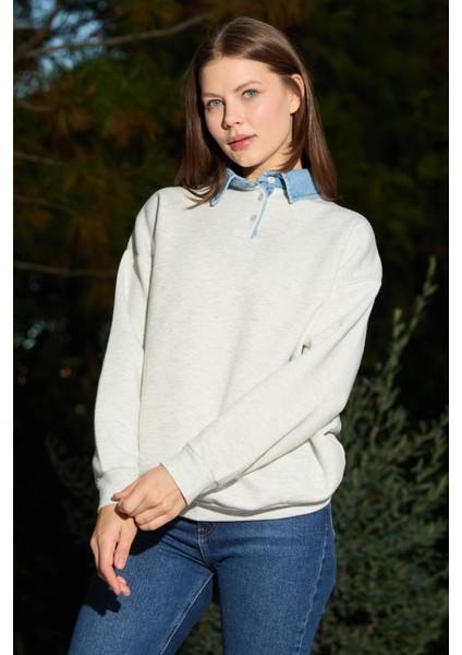 3 Iplik Kot Garnili Gömlek Yaka Oversize Sweatshirt