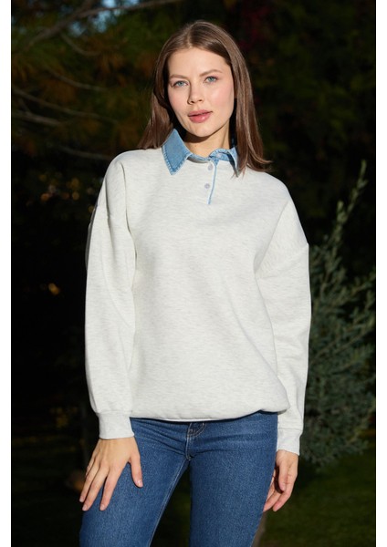 3 Iplik Kot Garnili Gömlek Yaka Oversize Sweatshirt fiyatları