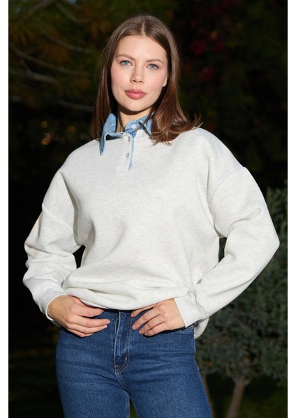 3 Iplik Kot Garnili Gömlek Yaka Oversize Sweatshirt modelleri