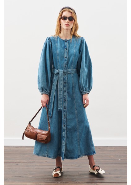 Geniş Kollu Denim Elbise Mavi