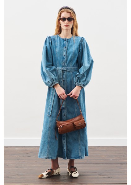 Geniş Kollu Denim Elbise Mavi fiyatları