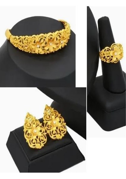 Altın Kaplama Etnik Takı Seti-Bilezik, Yüzük, Küpe