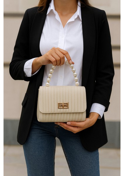 Kadın Çizgili Inci Saplı Krem Küçük Boy Clutch Çanta