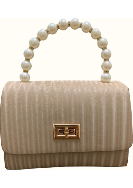 Kadın Çizgili Inci Saplı Krem Küçük Boy Clutch Çanta fiyatları