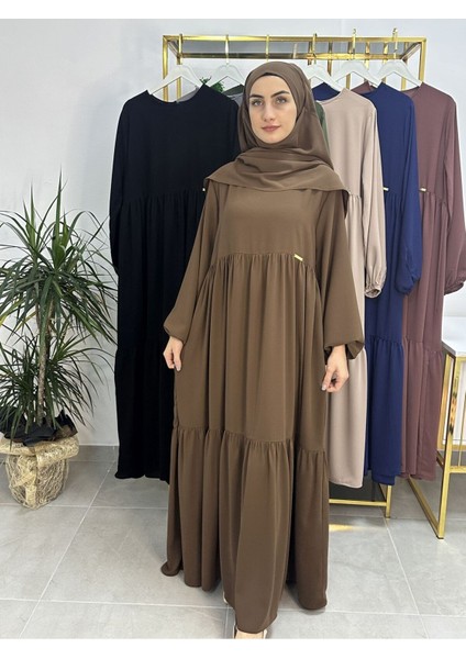 Ferace & Abaya Sufle Eşarp ve Iki Kat Büzgülü Elbise Takım.hijab .hac ve Umre Için Uygundur Kahve fiyatları