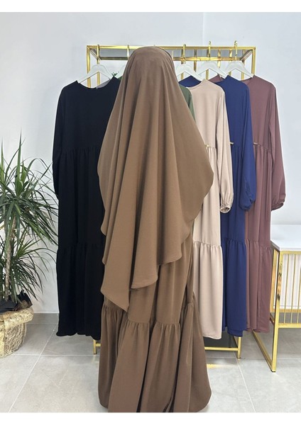 Ferace & Abaya Sufle Eşarp ve Iki Kat Büzgülü Elbise Takım.hijab .hac ve Umre Için Uygundur Kahve fırsatları