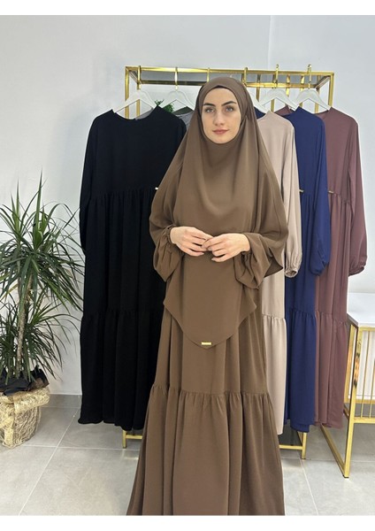 Ferace & Abaya Sufle Eşarp ve Iki Kat Büzgülü Elbise Takım.hijab .hac ve Umre Için Uygundur Kahve indirimleri