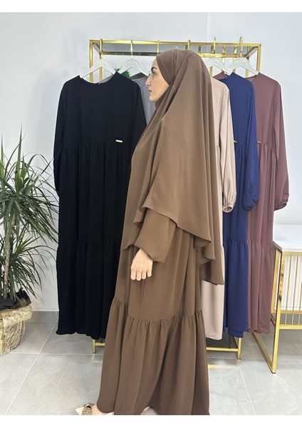 Ferace & Abaya Sufle Eşarp ve Iki Kat Büzgülü Elbise Takım.hijab .hac ve Umre Için Uygundur Kahve