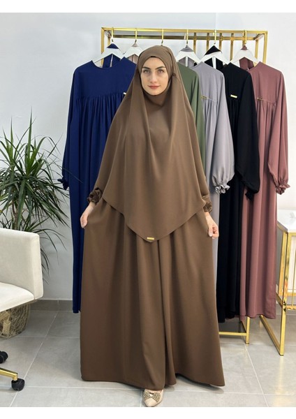Ferace & Abaya Sufle Esarp ve Üsten Robalı Kemerli Elbise Takım .hac ve Umre Için Uygundur Kahve