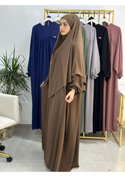 Ferace & Abaya Sufle Esarp ve Üsten Robalı Kemerli Elbise Takım .hac ve Umre Için Uygundur Kahve modelleri