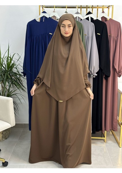 Ferace & Abaya Sufle Esarp ve Üsten Robalı Kemerli Elbise Takım .hac ve Umre Için Uygundur Kahve