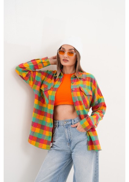 Kadın Desen Bloklu Oduncu Oversize Bol ve Geniş Kalıp Casual Cepli Yakalı Ceket Gömlek