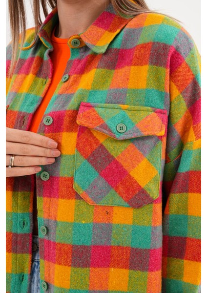 Kadın Desen Bloklu Oduncu Oversize Bol ve Geniş Kalıp Casual Cepli Yakalı Ceket Gömlek fiyatları