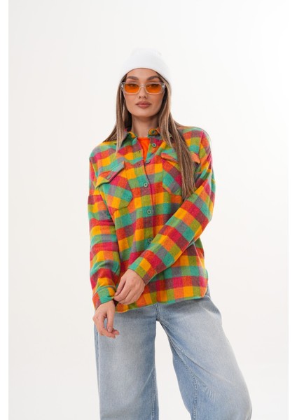 Kadın Desen Bloklu Oduncu Oversize Bol ve Geniş Kalıp Casual Cepli Yakalı Ceket Gömlek modelleri