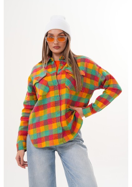 Kadın Desen Bloklu Oduncu Oversize Bol ve Geniş Kalıp Casual Cepli Yakalı Ceket Gömlek fırsatları