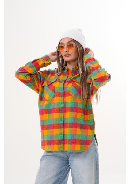 Kadın Desen Bloklu Oduncu Oversize Bol ve Geniş Kalıp Casual Cepli Yakalı Ceket Gömlek indirimleri