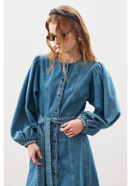 Geniş Kollu Denim Elbise Mavi fırsatları