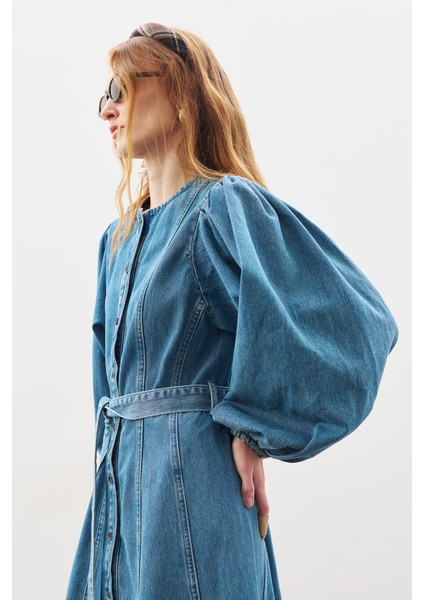 Geniş Kollu Denim Elbise Mavi indirimleri