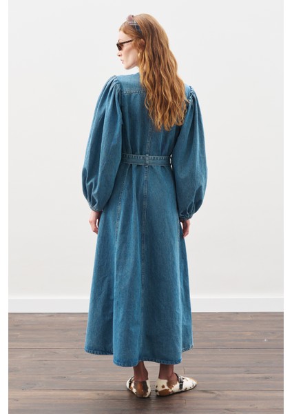 Geniş Kollu Denim Elbise Mavi