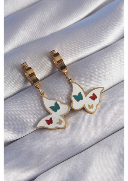 316L Çelik Gold Renk Renkli Mineli Kelebek Küpe - TJ-BKP9027