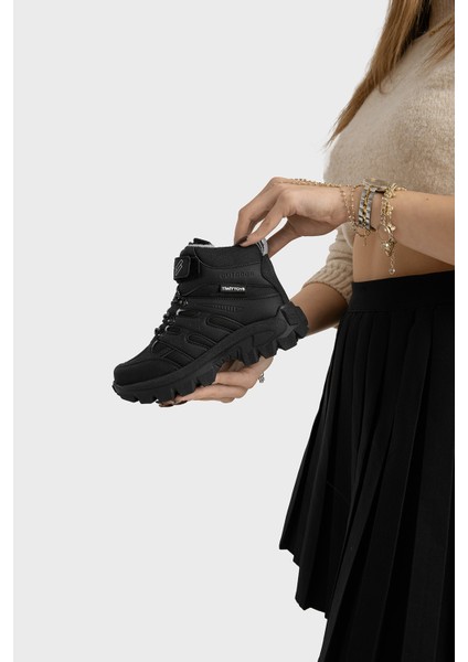 Çocuk Unisex Siyah Sax Kalın Kauçuk Taban Lastik Bağcıklı Cırtlı Outdoor Trekking Bot modelleri
