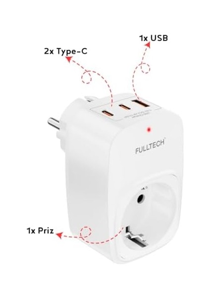 Akım Korumalı Priz 1x Priz, 2x Type-C, 1x USB Port Çıkışlı Tekli (Beyaz) modelleri