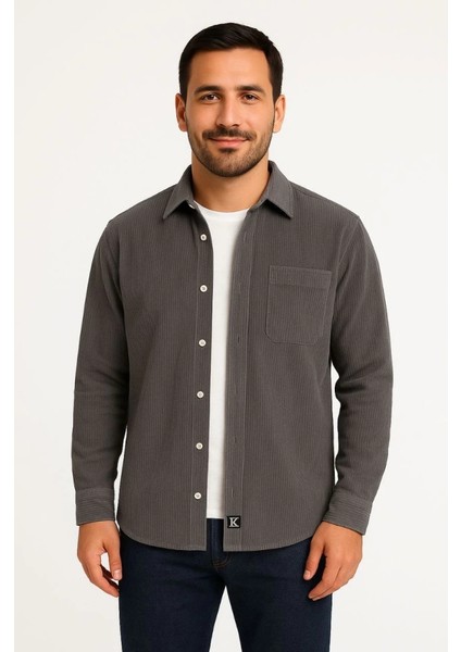 Erkek Fitilli Kadife Cepli Gömlek Oversize Rahat Kalıp - Füme fiyatları