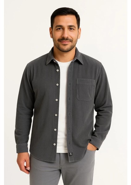 Erkek Fitilli Kadife Cepli Gömlek Oversize Rahat Kalıp - Füme modelleri