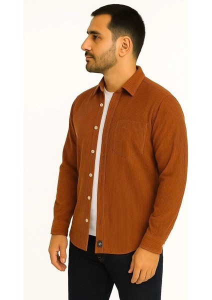 Erkek Fitilli Kadife Cepli Gömlek Oversize Rahat Kalıp - Kahverengi