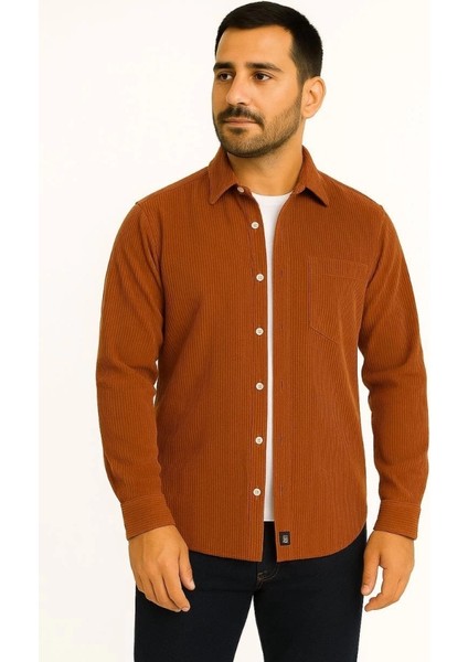 Erkek Fitilli Kadife Cepli Gömlek Oversize Rahat Kalıp - Kahverengi modelleri