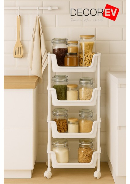 4 Katlı Tekerlekli Plastik Organizer Raf – Çok Amaçlı Mutfak, Banyo ve Ofis Düzenleyici (Beyaz) DC-6823