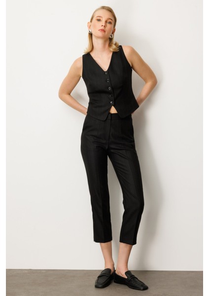 Kadın Düz Kesim Çizgili Pantolon 5125 Siyah