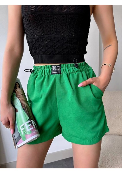 Armalı Keten Şort Yeşil S251003
