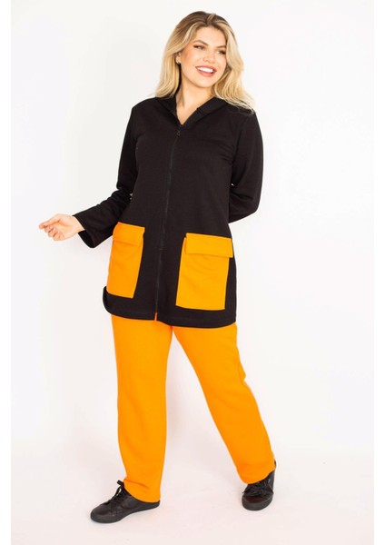 Kadın Büyük Beden Oranj-Siyah, Cep Kombinli Kapşonlu Ön Fermuarlı Sweatshirt Pantolon Takım 65N39162 fiyatları