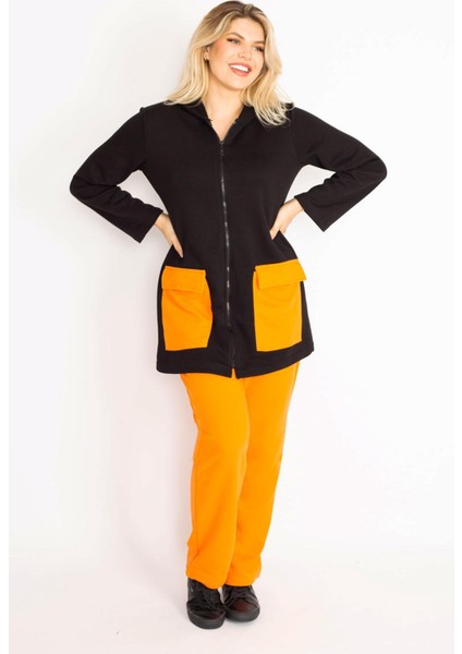 Kadın Büyük Beden Oranj-Siyah, Cep Kombinli Kapşonlu Ön Fermuarlı Sweatshirt Pantolon Takım 65N39162 modelleri