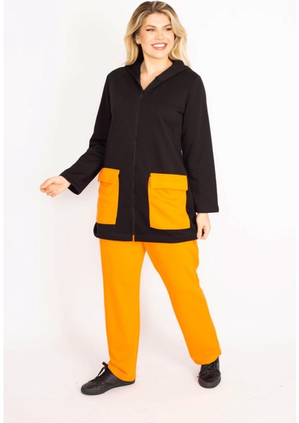 Kadın Büyük Beden Oranj-Siyah, Cep Kombinli Kapşonlu Ön Fermuarlı Sweatshirt Pantolon Takım 65N39162 indirimleri