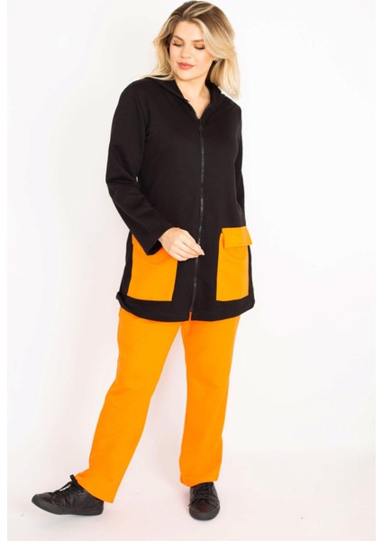 Kadın Büyük Beden Oranj-Siyah, Cep Kombinli Kapşonlu Ön Fermuarlı Sweatshirt Pantolon Takım 65N39162