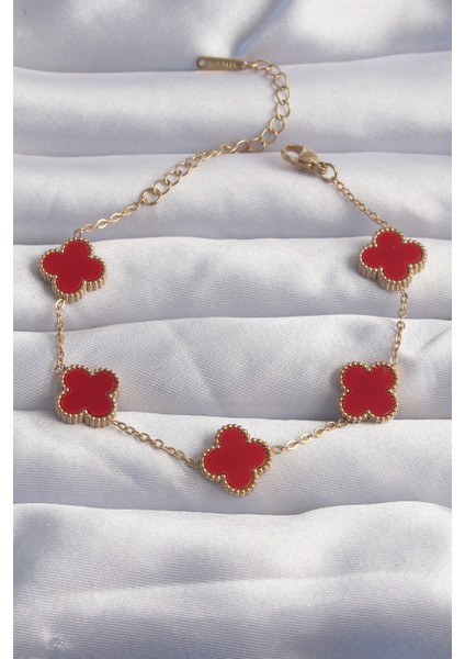 316L Çelik Gold Renk Kırmızı Mineli Yonca Bileklik - TJ-BB6264