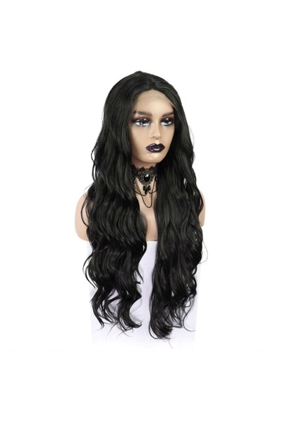 Siyah Uzun Dalgalı Fiber Sentetik Tül Peruk modelleri