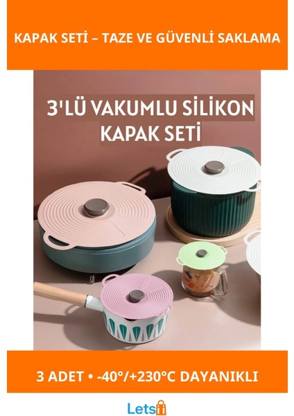 3'lü Vakumlu Silikon Gıda Saklama Kapağı Sızdırmaz, Dayanıklı, Renkli