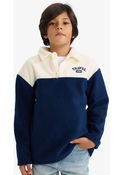 Erkek Çocuk Oversize Geniş Kalıp Polo Yaka Yarım Fermuarlı Baskılı Polar Sweatshirt G3301A825WN